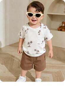 男婴休闲可爱卡通图案针织T恤和松紧腰短裤套装 - 棕色 - 查看 1