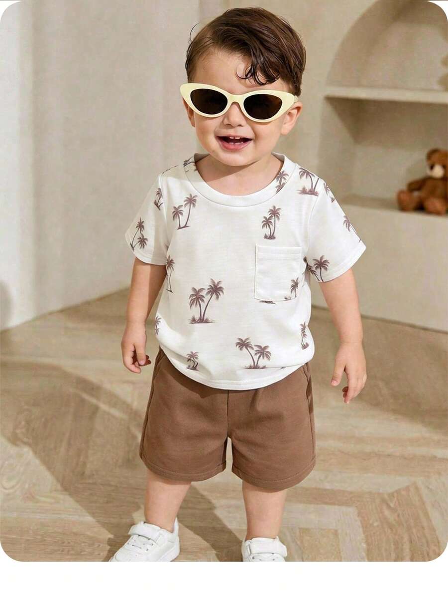 男婴休闲可爱卡通图案针织T恤和松紧腰短裤套装 - 棕色 - 查看 1