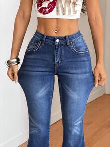 SHEIN PETITE Women's Y2K High Waist Flare Jeans Dark Blue Stretch Butt Lifting Wide Leg Denim Pants With Pockets Perfect For Streetwear & Daily Outfits Women's Casual Daily Commute Fashion Street Washed Flare Jeans - Dark Wash - View 6