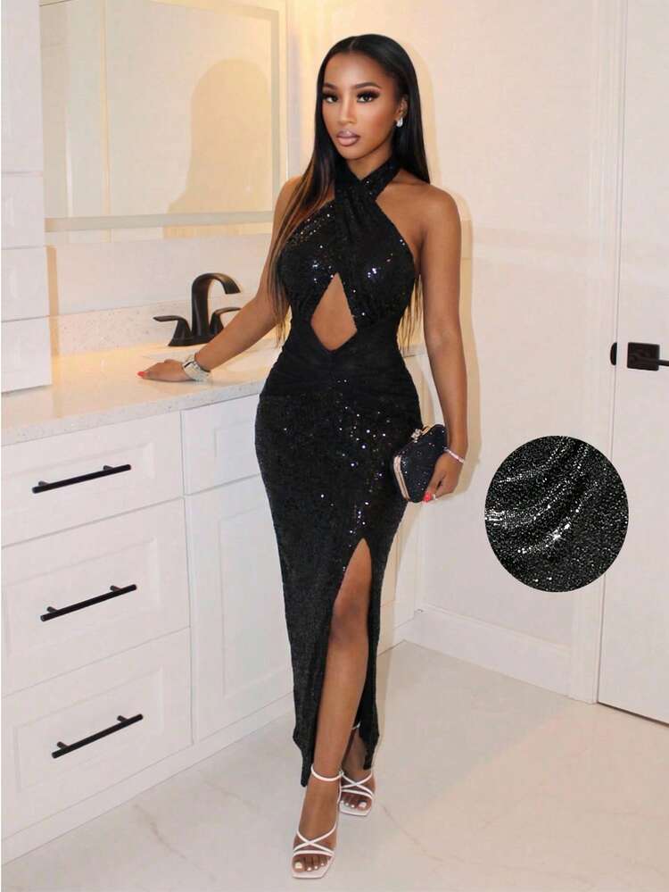 BamGleam Women's Black Summer 70s Party Sequin Dress, Backless