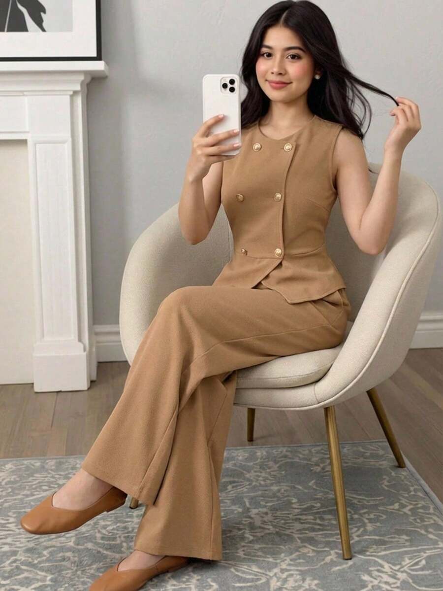 Bộ đồ nữ tuổi teen thanh lịch, phong cách thường ngày, đi làm, đường phố, gồm áo vest không tay màu trơn dệt kim có cúc kim loại và quần ống đứng. - Màu Khaki - Xem 1