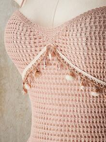 SHEIN ICON 大码性感V领贝壳流苏装饰低腰A字透视针织连衣裙 - 米色 - 查看 8