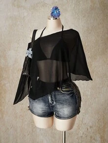 SHEIN ICON 加大码雪纺裹身三角杯系带吊带背心两件套女装 - 黑色 - 查看 4