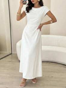 Firerie Đầm nữ màu trắng thanh lịch, cổ xếp ly, eo nhún, dáng chữ A, tay ngắn, thích hợp cho các buổi hẹn hò, công sở, tiệc trà chiều xuân/hè, lễ tốt nghiệp, ngày Nhà giáo, sinh nhật, tiệc tùng và các dịp trang trọng. - trắng - Xem 6