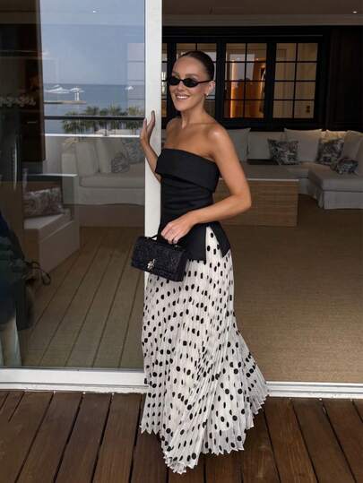 Firerie Jupe plissée élégante à ligne A à pois noirs et blancs pour femmes