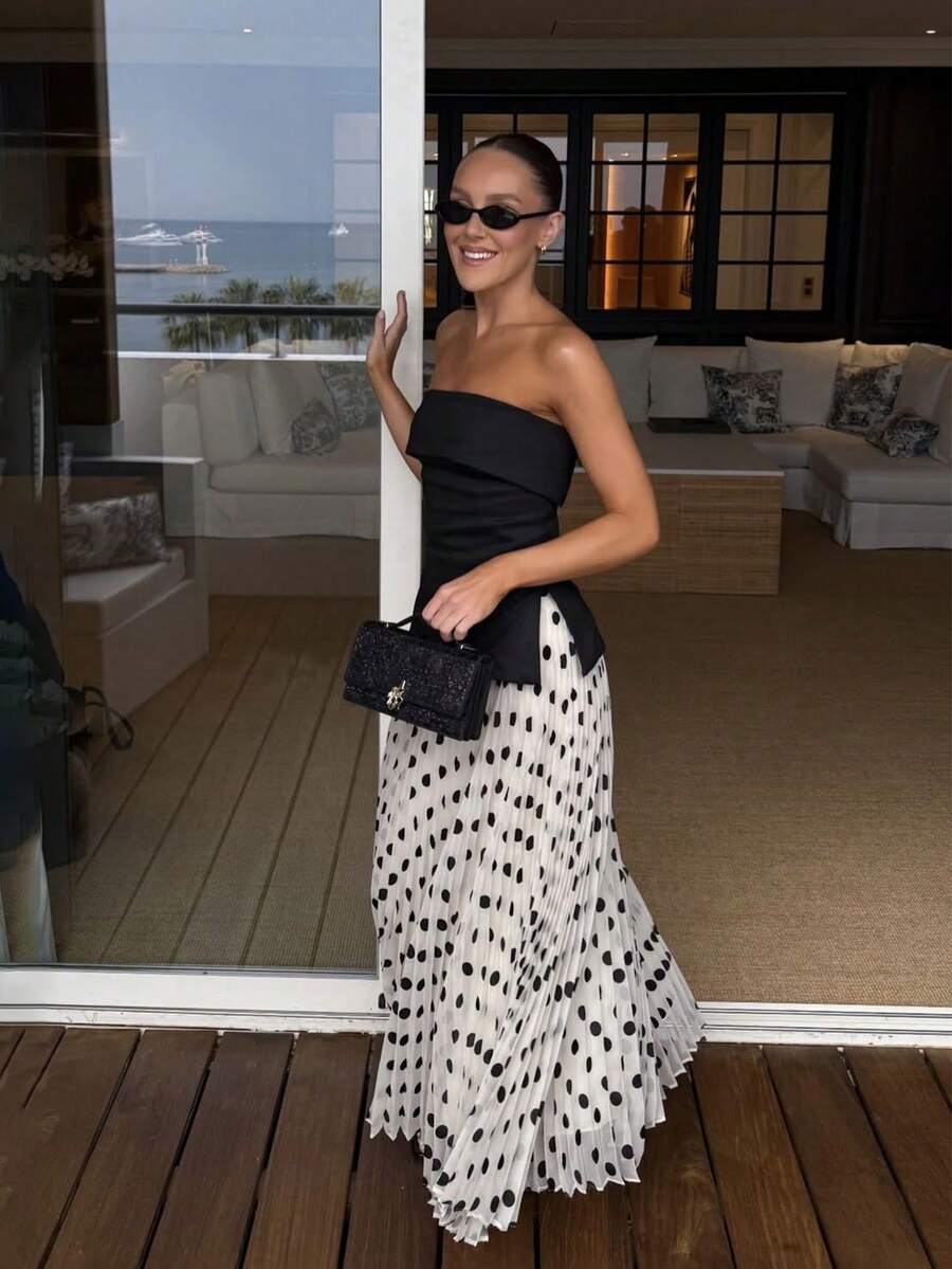 Firerie Falda plisada de línea A con lunares negros y blancos elegante para mujer