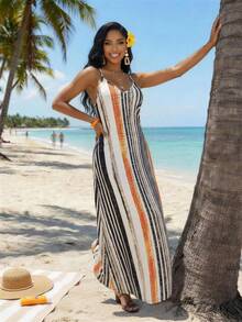 SHEIN Lady Đầm nữ dáng rộng, phối màu sọc, kiểu dáng thường ngày, thích hợp cho kỳ nghỉ, có túi hai bên. - Nhiều màu - Xem 3