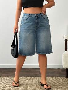 EURMUSE 高腰及膝牛仔短裤，女款大码 - 中等水洗藍 - 查看 4