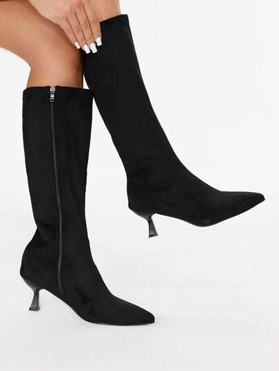 Glitzique Fall/Winter 2025 Korean Style Minimalist Over The Knee Black Boots, Elastic Black Skinny Boots With Side Zipper And Pointed Toe High Heels , Perfect With Dresses