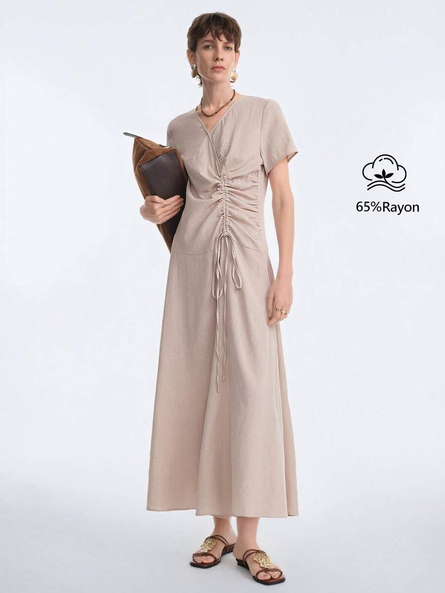 Aalyst 女士优雅抽绳设计办公休闲度假长款A字连衣裙