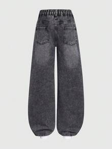 Celana Jeans Longgar Model Lurus dengan Bordir Hati Manis Model Terbaru untuk Anak Perempuan - Hitam - View 2