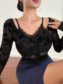DAZY Spring & Summer 2 In 1 Ditsy Floral Flocked Lace Blouse, Elegant For Valentine's Day, Wedding, Party, Formal Occasion, Slim Fit, Sheer Mesh Camisole Top, Long Sleeve Women T-Shirt - Black - View 8