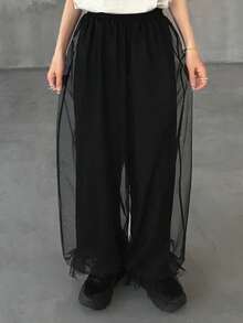 FRIFUL Women's Solid Color Elastic Waist Mesh Patchwork Loose Pants - Black - View 5