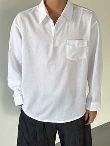 DAZY Men's White Polo Collar Long Sleeve Casual Pocket Shirt, Spring Summer - White - View 8