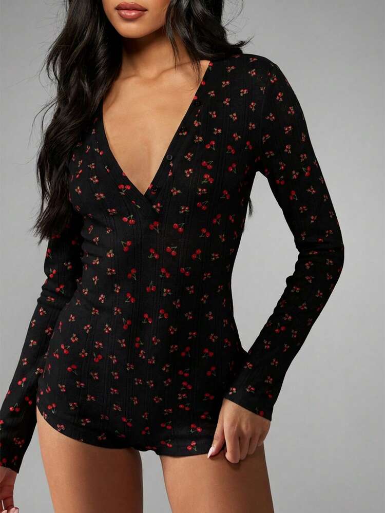 MISSGUIDED Cherry Print Long Sleeve Deep V Neck Romper Sleepwear Pajama One Piece Loungewear Nightwear Comfortable Home Outfit