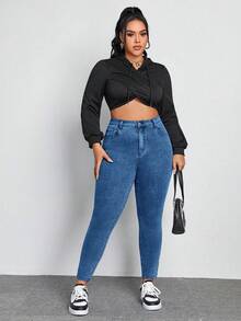 SHEIN ICON Plus Size Women Pockets Button Casual Versatile Daily Wear Denim Jeans Brown Spring - Medium Wash - View 3