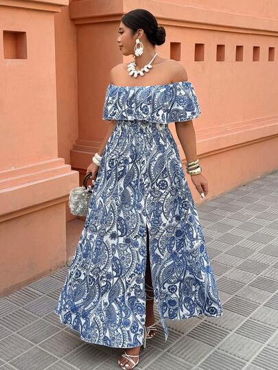 SHEIN LUNE Vestido sexy con hombros descubiertos, volantes y abertura alta, adecuado para vacaciones de primavera/verano, tallas grandes para mujeres