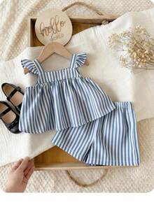 Baby Girl Vacation Casual Cute Blue & White Striped Flutter Sleeve Top And Shorts Set - Blue - View 1