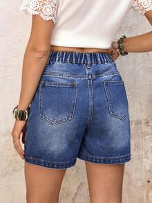 EMERY ROSE Pantalones cortos vaqueros de pierna recta con bolsillos parche lavados para mujer, de verano - Azul - Ver 2