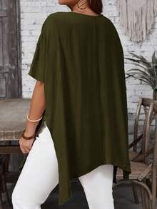 EMERY ROSE Plus Size Women's Solid Color V-Neck Casual Versatile Daily Wear Mid-Sleeve Shirt - Army Green - View 2