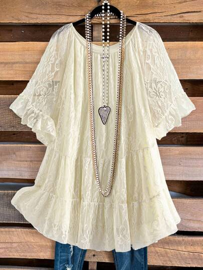 EMERY ROSE Plus Size Women Round Neck Loose Ruffled Hem Lace Blouse