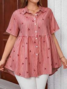 EMERY ROSE Plus Size Open Front Raglan Short Sleeve Striped Bow Print Smock Shirt,Summer Outfits For Women - Burgundy - View 4