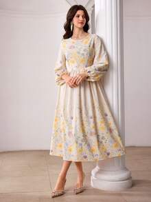 Modelyn Elegant Floral Print Waist Cinched Midi Dress With Flared Hem, French Romantic Style - Multicolor - View 6