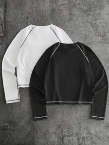 AXEPEAK Camiseta casual de manga larga con cuello redondo y ribete de contraste con estampado geométrico para hombres - Blanco y Negro - Ver 2