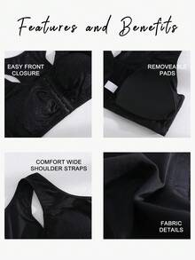 1 pièce Soutien-gorge sans armature à dos nageur, couleur unie, avec fermeture devant, rembourrage amovible et couverture complète, doux et respirant, pour femmes de grande taille NudeFit - Noir - Voir 5