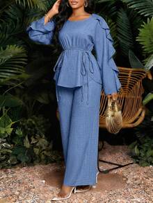 SHEIN Lady 女士圆领荷叶边长袖系腰衬衫和裤子两件套 - 藍色 - 查看 8