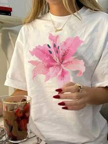 SHEIN Damen Lässig Sommer Tops mit Lilien Blumen Grafik, Rundhalsausschnitt, Kurzarm, Tropische Blumen Grafik Damen Weißes T-Shirt. - Weiss - Übersicht 6