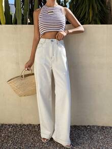 DAZY Women's Casual White Wide-Leg Jeans, Spring/Summer - Beige - View 6