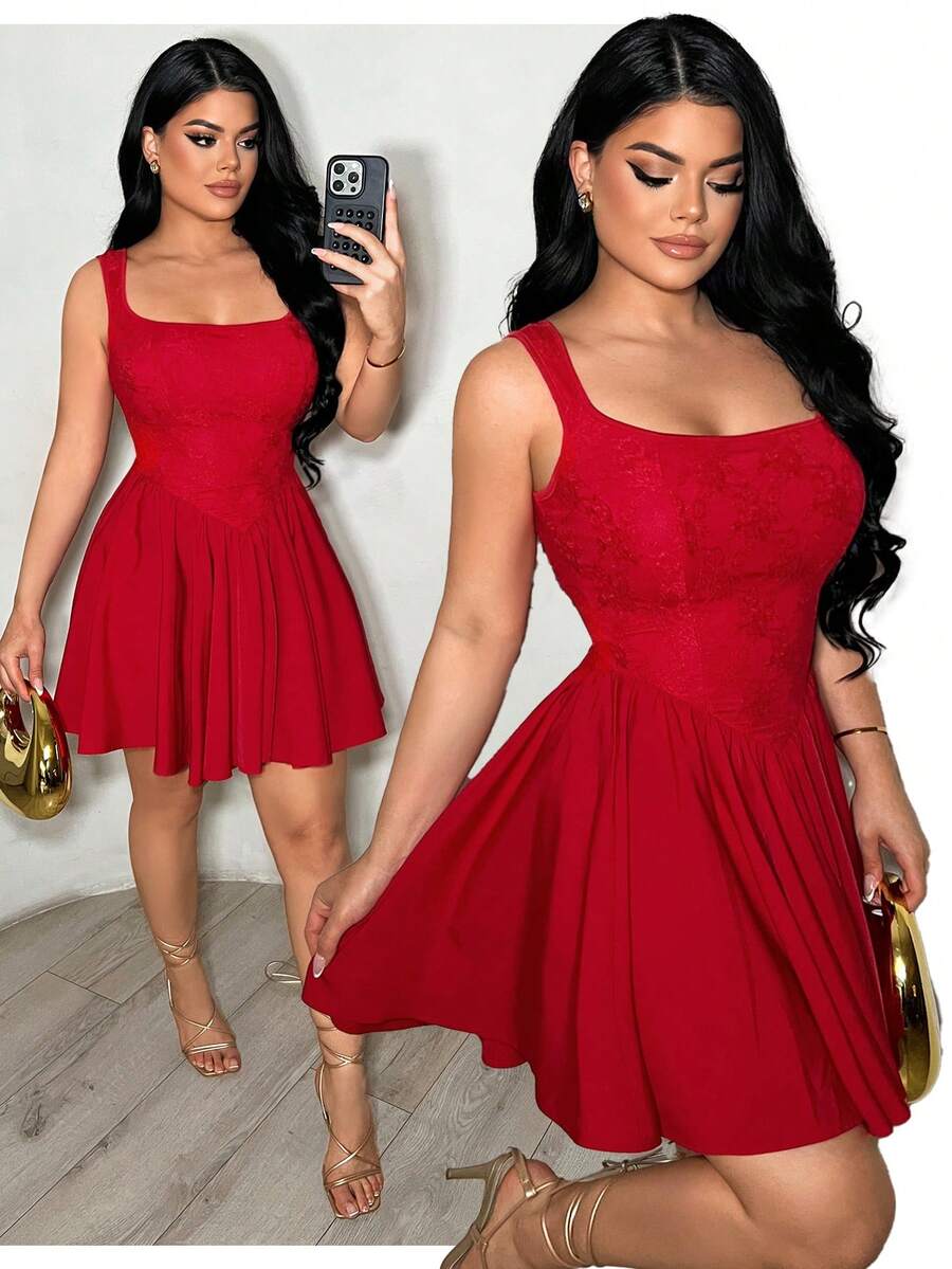 SHEIN SXY Red Elegant Lace Patchwork Mini Dress, Birthday Dress,Summer, Spring,Valentine's Day,Red,Beach,Wedding ,Elegant ,Ruffles,Sundress,Formal Dress, Red Homecoming Dress, Red Party Dress, Red Sexy Dress, Red Short Dress, Red Mini Dress Red Cocktail Dress Red Dress Sexy Red Dress - Bright Red - View 1