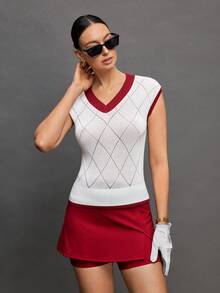 Activina Women's V-Neck Golf & Tennis Sports Sweater With Contrast Trim - Red and White - View 4