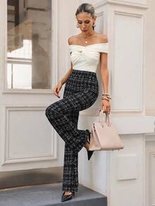 SHEIN Clasi Women's Plaid Flare Pants Black And White Checkered,Summer,Elegant,Office High Waist Tweed Trousers For Business Casual,Commute,Work & Tall Suit Pants - Black and White - View 8