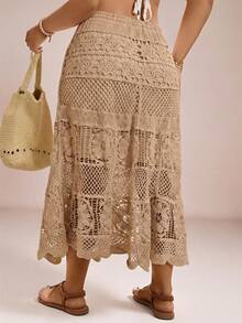 Freevana 大码休闲纯色镂空针织毛衣裙西部风女装钩针伊比沙奶油黄夏季女装海滩度假女装波西米亚风锐舞乡村音乐会音乐节早午餐女装海滩度假毕业秋冬复古风 - 卡其色 - 查看 2