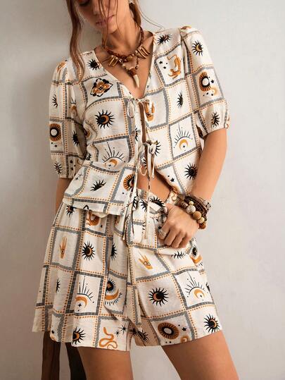 Freevana Bohemian Summer Women's Plaid Print Shorts Set, Front Tie Bow Blouse And Shorts Comfortable 2-Piece Outfit