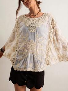 Freevana Áo kiểu nữ ren tan trong nước cổ tròn tay dài dáng rộng, thích hợp đi nghỉ mát, áo móc len, áo mùa hè dễ thương, phong cách bohemian, đồng quê. - Màu be - Xem 6