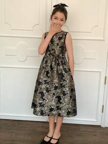 Dazy Kids Tween Girl Round Neck Jacquard Pleated Party Dress - Black - View 7