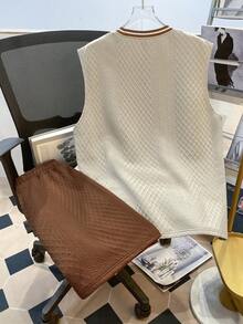 Manfinity Joysei Men's Knitted Jacquard Textured Solid Color Ribbed Tank Top Set - Khaki - View 2