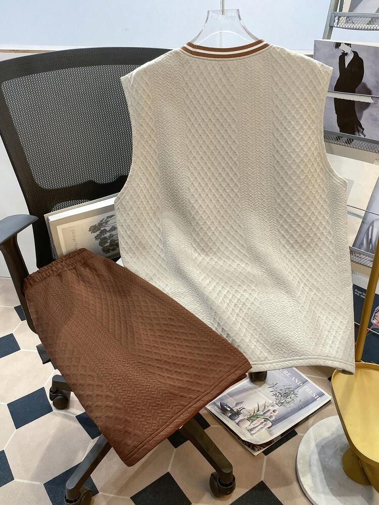 Manfinity Joysei Conjunto de camiseta de tirantes de punto jacquard de unicolor con textura acanalada para hombre - Caqui - Añade 2