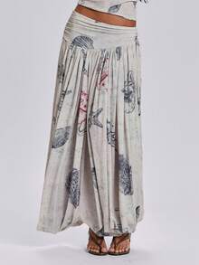 ROMWE Y2K Spring/Summer Women's Shell & Conch Print Low Waist Ruched Maxi Skirt - Multicolor - View 4