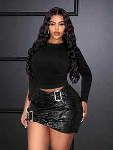 Slaydiva 大码女装春夏新款纯色皮革金属装饰褶皱性感百搭约会派对迷你裙 - 黑色 - 查看 5