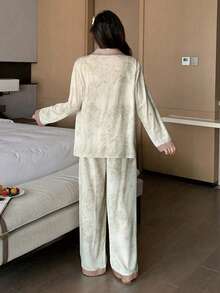 DAZY 图案拼布纯色睡衣套装，秋季返校服 - 卡其色 - 查看 2