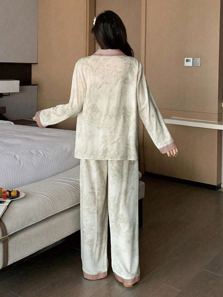 Patterned Patchwork Solid Color Pajama Set,Back To School Clothes, For Fall