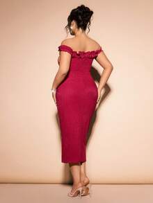 Cravure Plus Size Elegant 3D Floral Dress, Chiffon Sleeves, Burgundy, Suitable For Valentine's Day, New Year Holiday - Burgundy - View 2