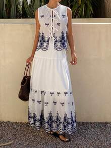 Livesso 女士夏季度假白色镂空无袖圆领系带上衣和休闲半裙两件套 - 白色 - 查看 8