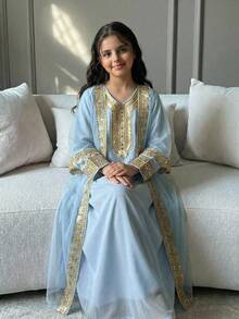 SHEIN 少女金色丝带撞色网纱开衫和V领连衣裙两件套 - 霧霾藍 - 查看 6