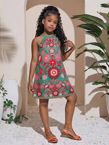 SHEIN 少女无袖碎花雪纺连衣裙 - 綠色 - 查看 3