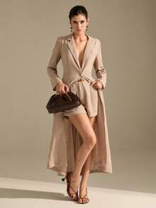 CLARA VERO Women's Lapel Front Button Waist Cinched Long Sleeve Extra Long Blazer Jacket & Shorts 2 Pieces Set - Khaki - View 1